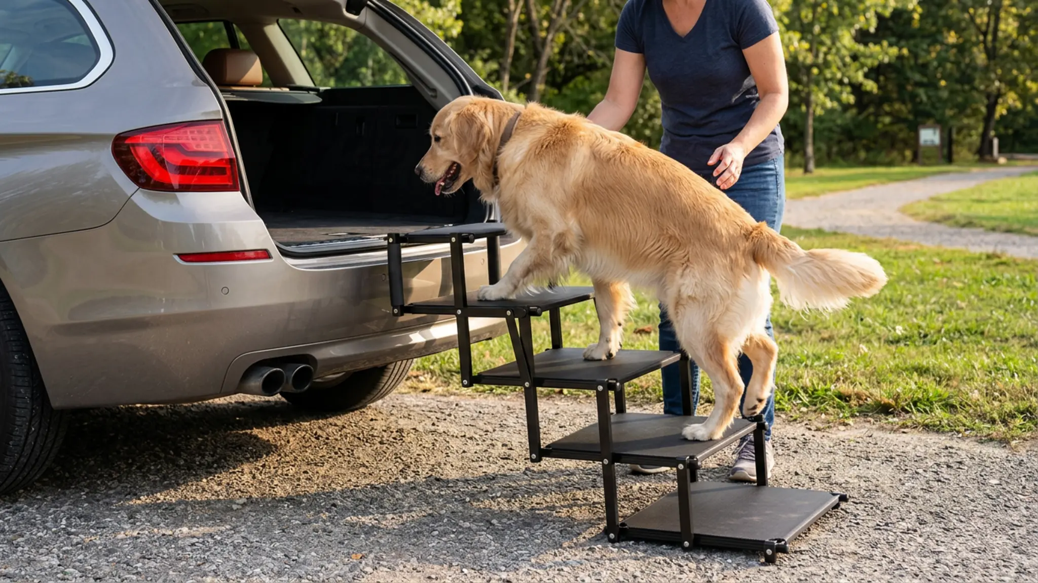 Extra Wide 20" Dog Stairs for Large Dogs, Dog Steps for Car 5 Steps in use