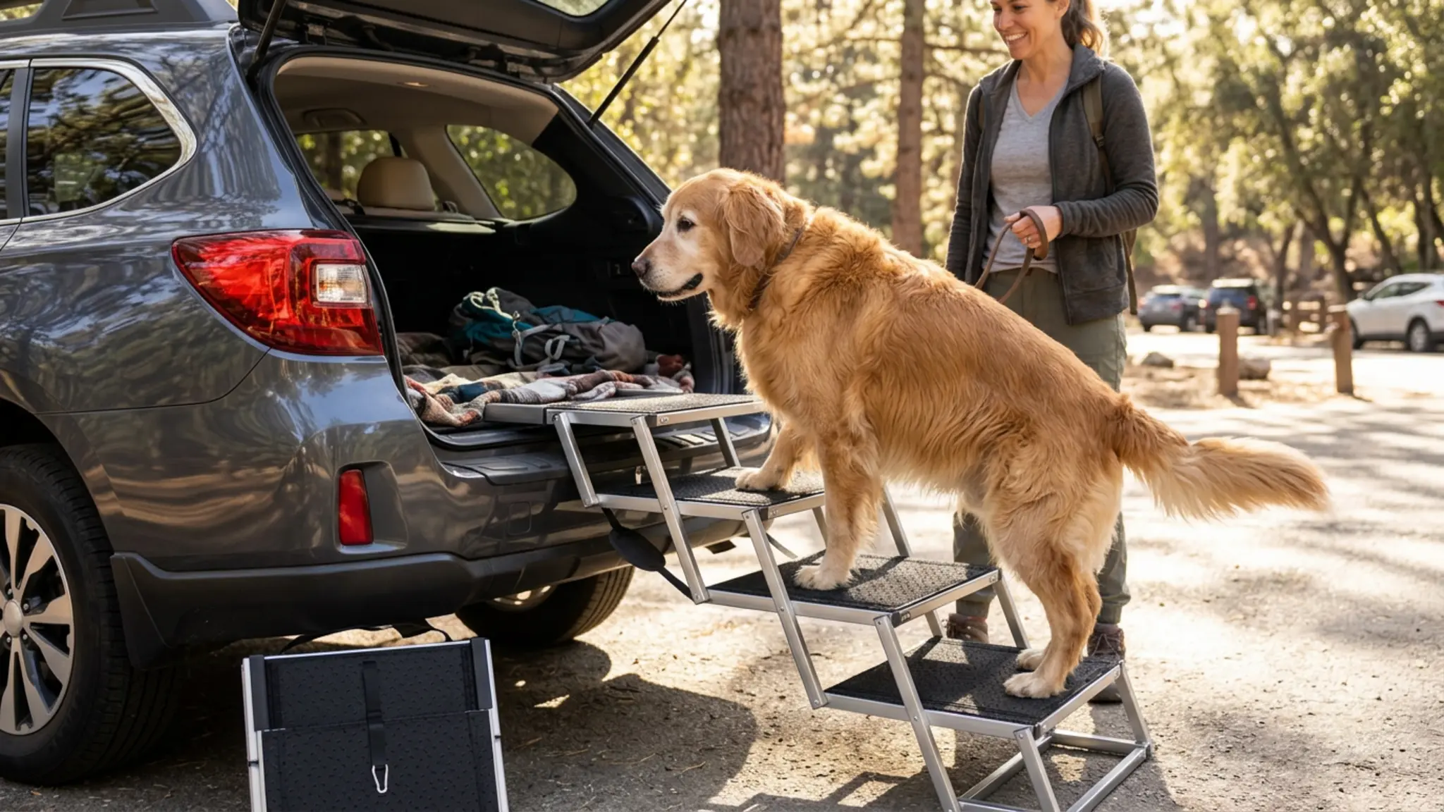 Extra Wide 20" Dog Stairs for Large Dogs, Dog Ramp for Car 4 Steps in use