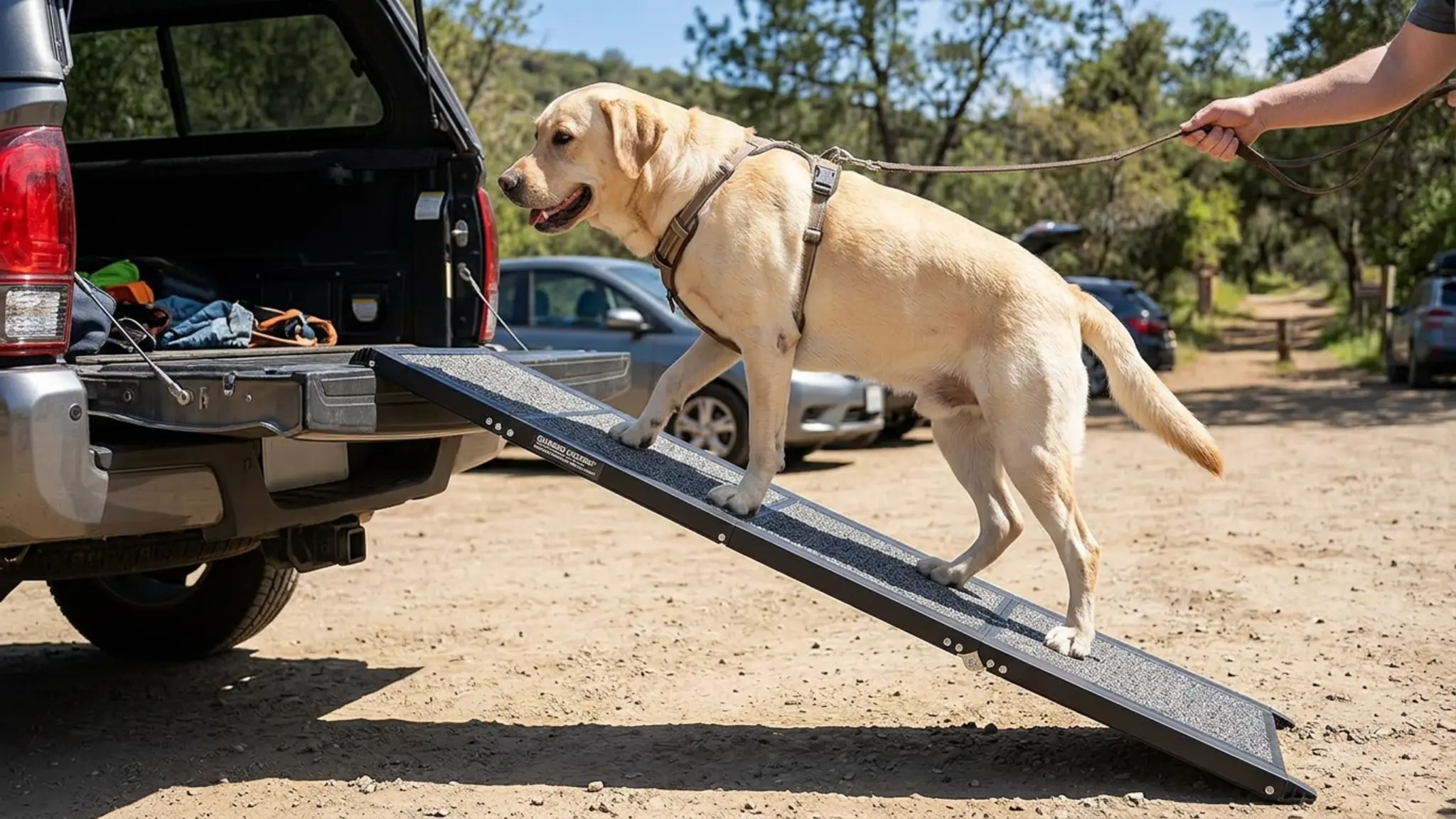 Dog Ramp for Car, Truck, 63"x17" Folding Non-Slip Pet Ramp for Large Dogs in use