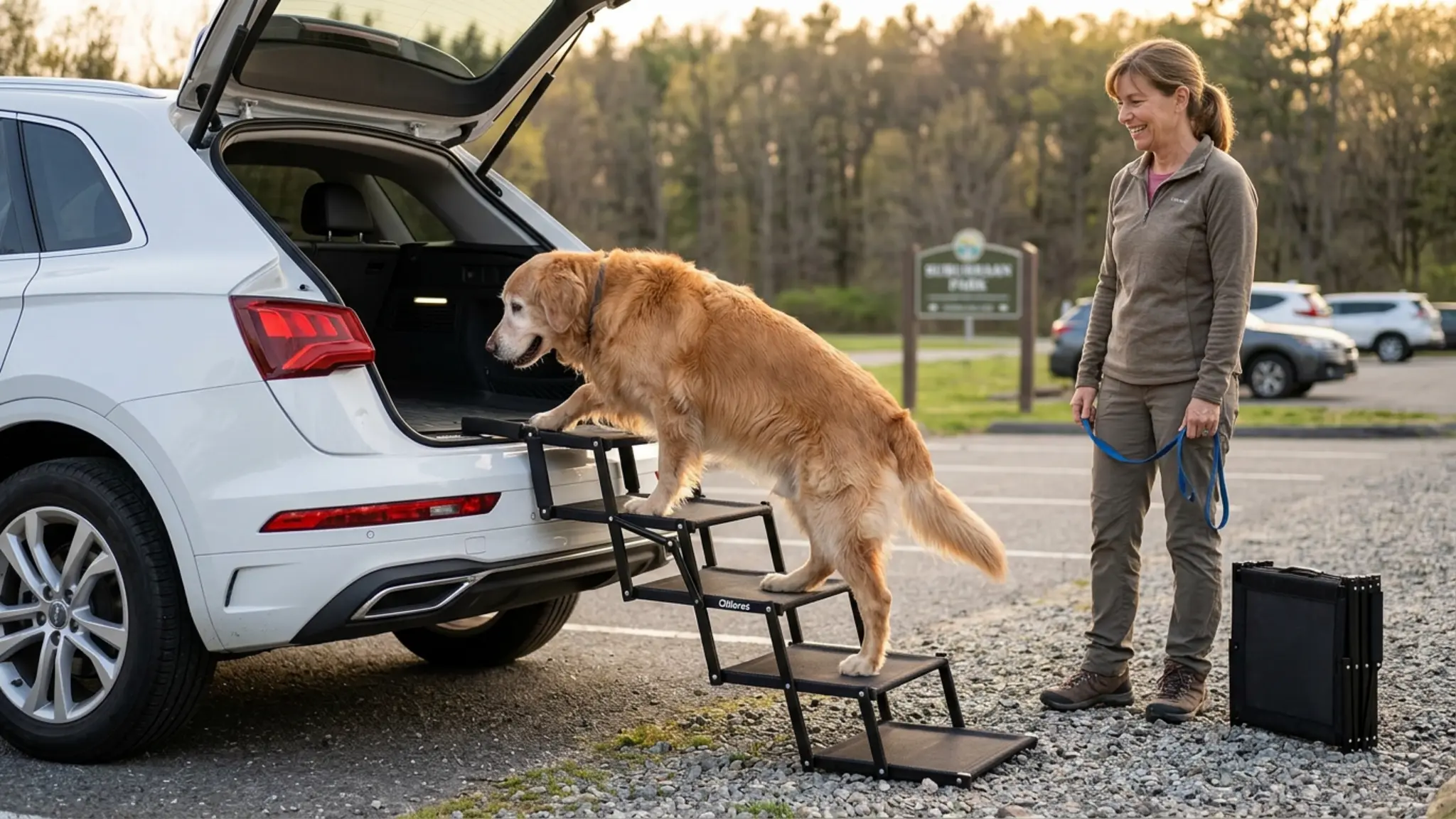 Oiilores Foldable Dog Stairs for Large Dogs - Extra Wide Pet Ramp for Cars, SUV, Non-Slip in use