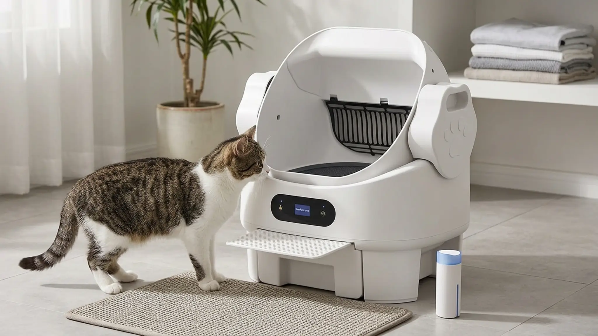 Self Cleaning Open Top Automatic Multiple Cat Litter Box, White in use