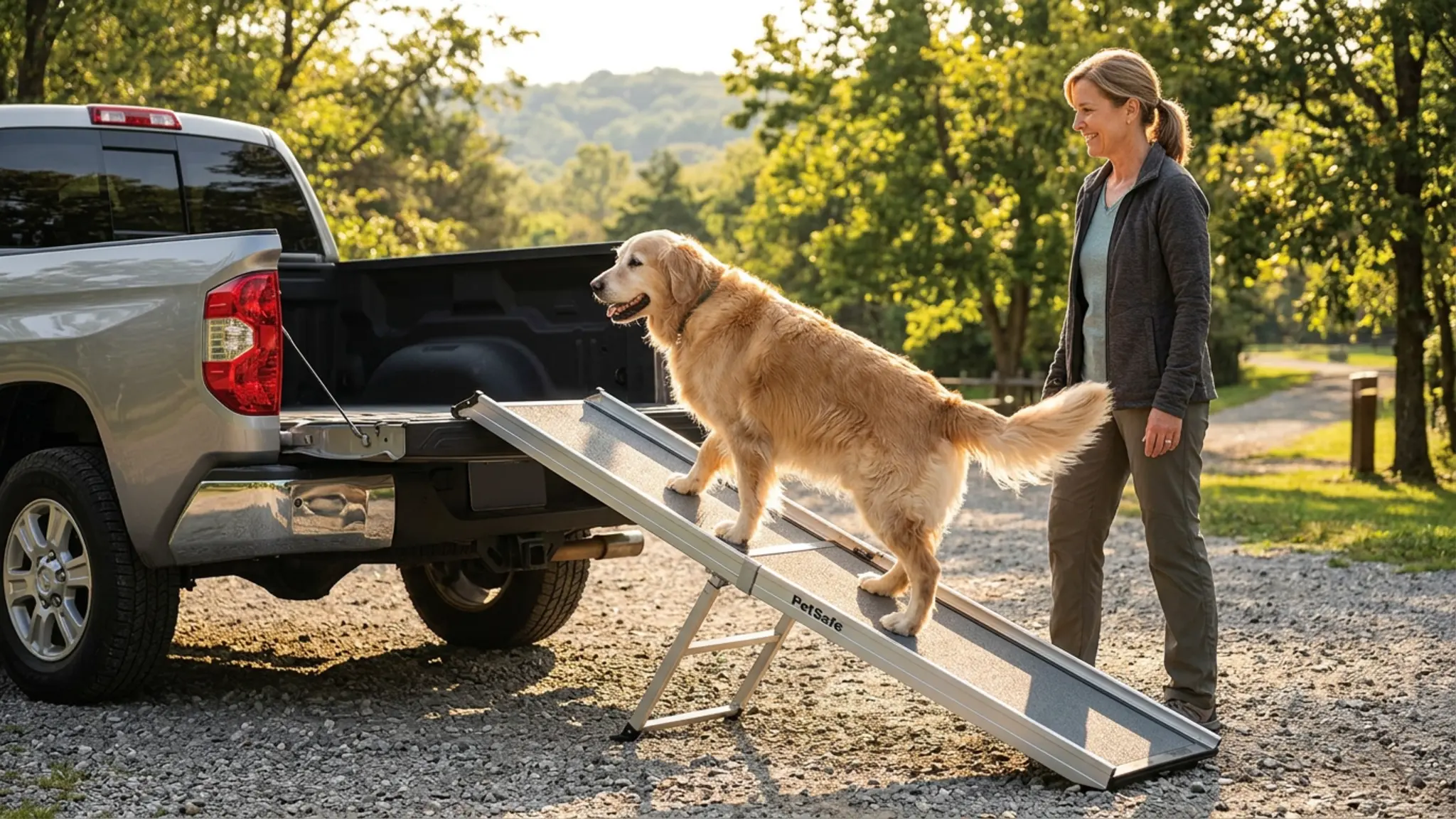 PetSafe Happy Ride Extra Long Telescoping Dog Ramp, Portable Pet Ramp for Cars, Trucks & S in use