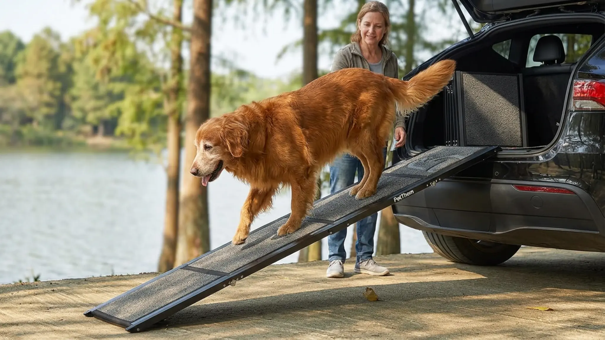 PetThem Dog Ramp for Car, 71" L × 19.7" W, Extra-Long Extra-Wide Foldable in use