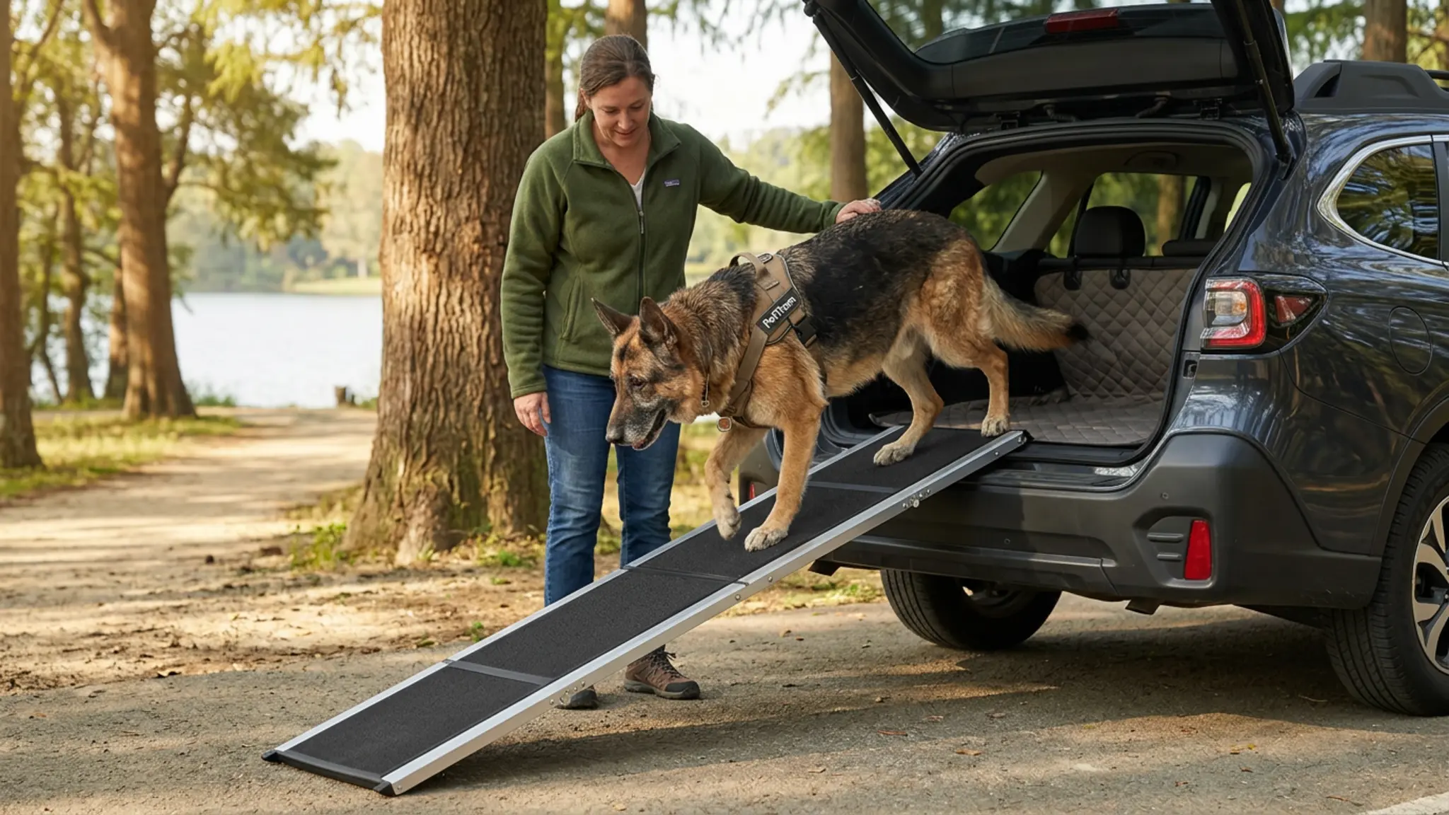 PetThem Dog Ramp for Cars, 71" L × 17.2" W, Extra-Long Foldable in use
