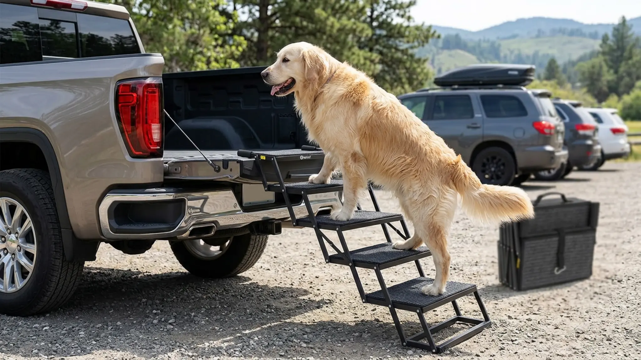 Veehoo Foldable Dog Steps for Car Truck SUV, Collapsible Large Dogs Stairs in use
