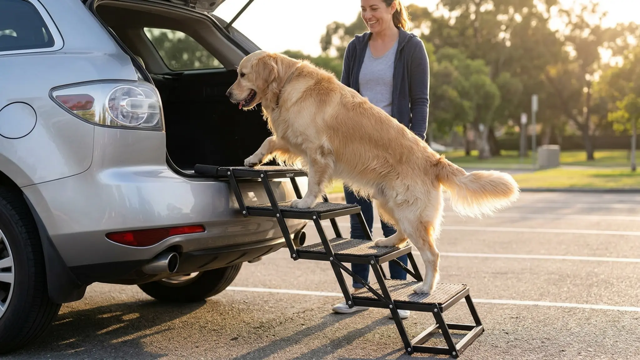 Veehoo Foldable Dog Steps for Car SUV, Collapsible Large Dogs Stairs 17" W in use